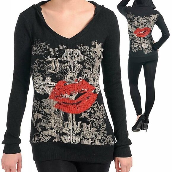 LA Bus Stop Long Sleeve Hoodie Pullover Sweatshirt Thermal Top Bling Black - Picture 1 of 11
